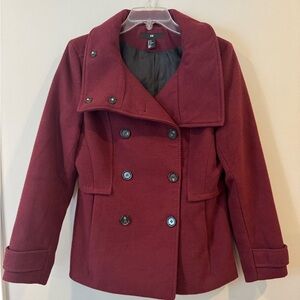 H&M Pea Coat Women’s Lined Double-Breasted Coat Red/Maroon Button Up-Size 10